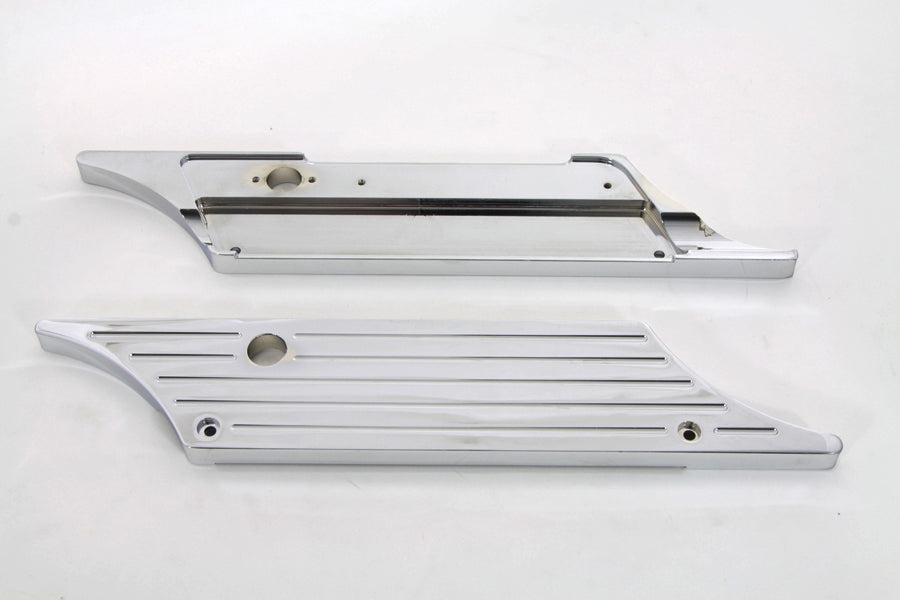 V-Twin Wyatt Gatling Saddlebag Face Plate for seat and saddlebag, featuring detailed metal design and branding.