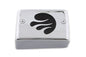 V-TWIN chrome ignition module cover with black flame design for electrical system, showcasing durable metal construction.