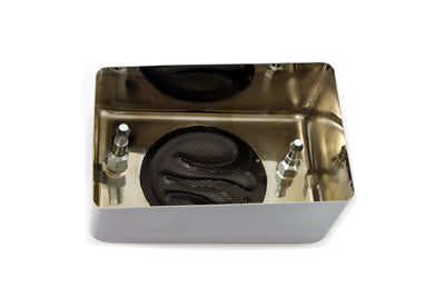 V-TWIN chrome ignition module cover with black flame design for electrical system, showcasing detailed metal finish and branding.