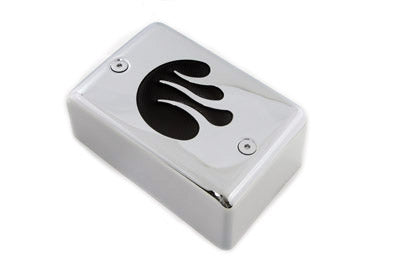 V-TWIN chrome ignition module cover with black flame design, electrical component for motorcycle ignition system.