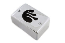 Load image into Gallery viewer, V-TWIN chrome ignition module cover with black flame design, electrical component for motorcycle ignition system.