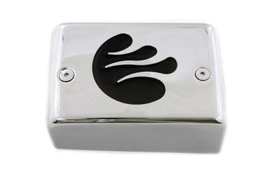 V-TWIN chrome ignition module cover with black flame design, electrical component accessory for motorcycle ignition systems.