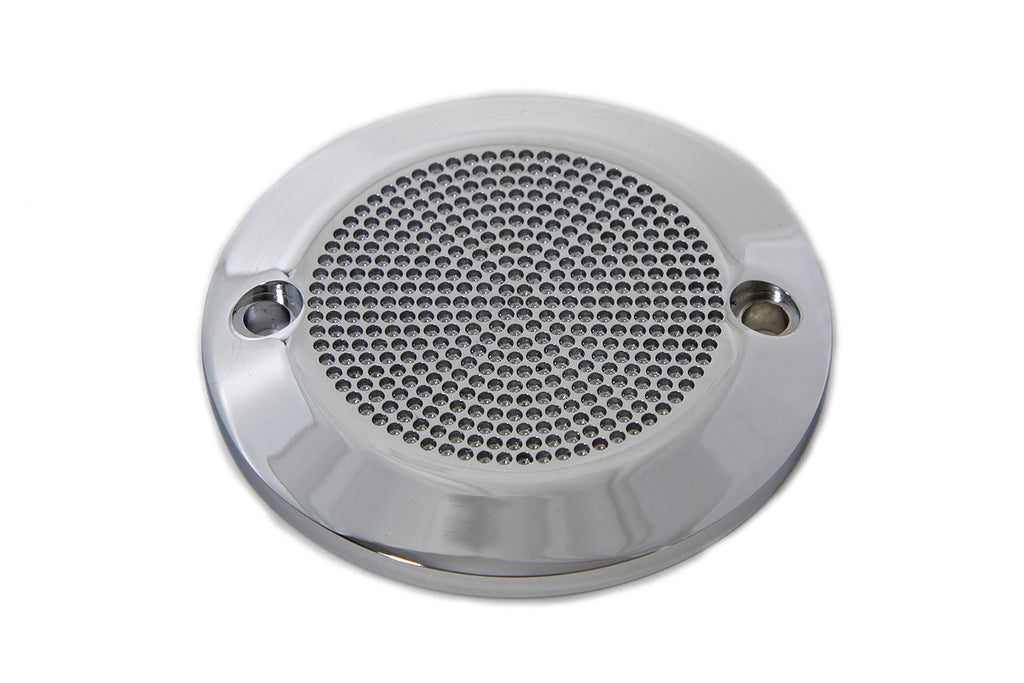 V-TWIN chrome 2-hole perforated ignition system cover for motorcycle electrical components, featuring a polished metal finish.