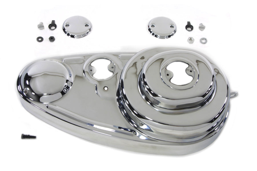 V-TWIN chrome 45-inch outer primary cover kit for side valve motorcycle engine, with polished chrome finish and detailed branding.