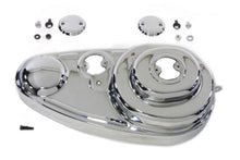 Load image into Gallery viewer, V-TWIN chrome 45-inch outer primary cover kit for side valve motorcycle engine, with polished chrome finish and detailed branding.