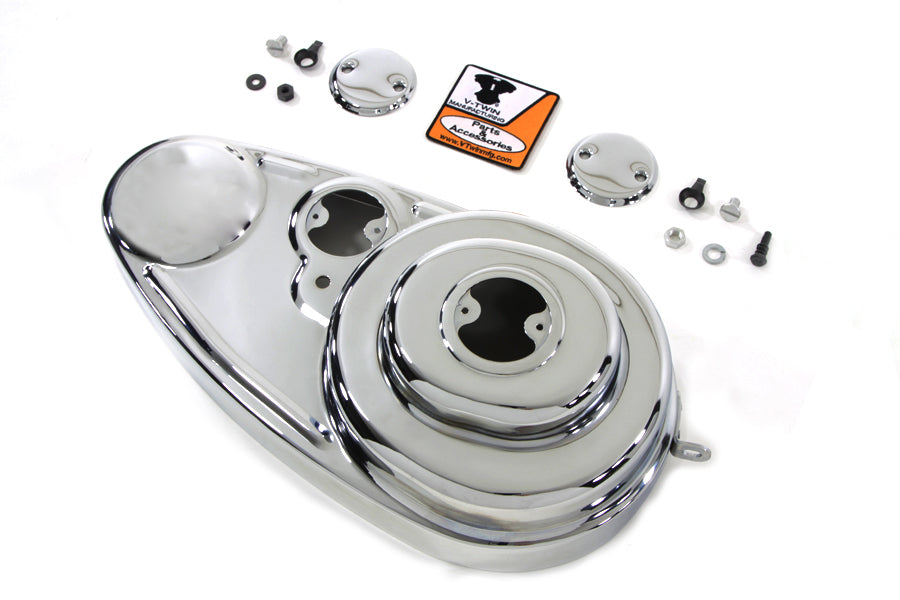 V-Twin chrome 45-inch outer primary cover kit for side valve motorcycle engine, shown in polished chrome finish.