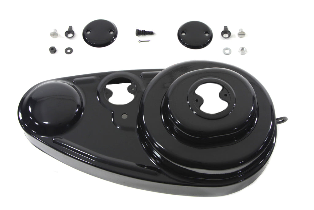 Black 45-inch V-TWIN side valve outer primary cover kit with detailed finish, designed for Harley-Davidson V-TWIN motorcycles.