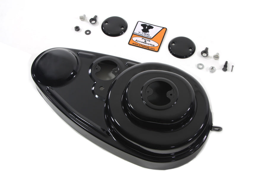 V-TWIN black 45-inch outer primary cover kit for side valve motorcycle engine, showing the sleek metal finish and mounting points.