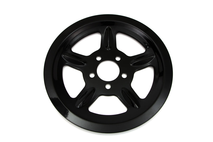 V-Twin black rear pulley cover with 68 teeth for drive line, showing the polished metal finish and gear teeth detail.