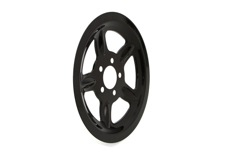 V-Twin black rear pulley cover with 68 teeth for drive line motorcycle engine, durable metal construction.