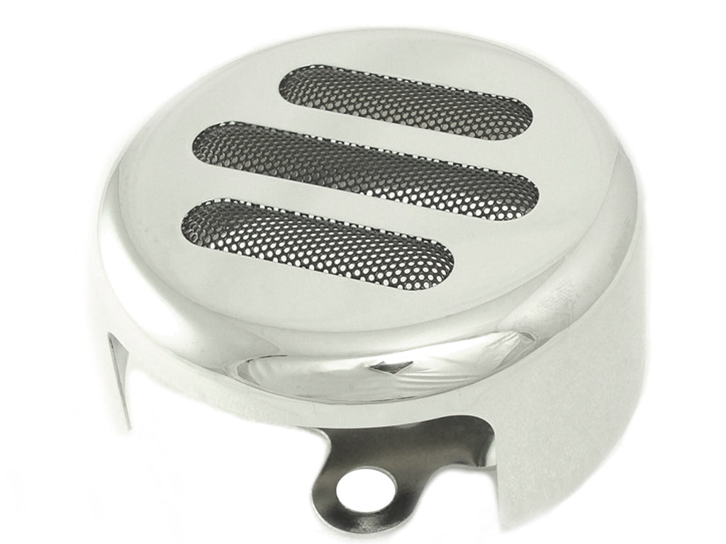Chrome V-TWIN slotted round horn cover for electrical systems, featuring a sleek, polished finish and classic round design.