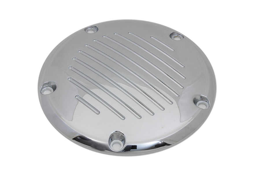 V-Twin chrome grooved 5-hole derby cover for drive line, featuring polished chrome finish and detailed grooved design.