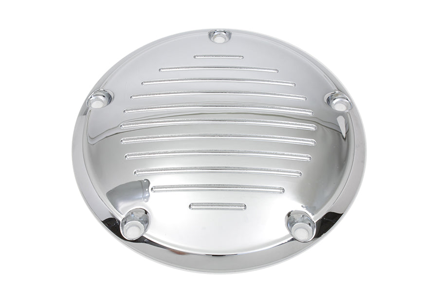 V-TWIN Chrome Grooved 5-Hole Derby Cover for drive line applications, featuring a polished finish and detailed grooved design.