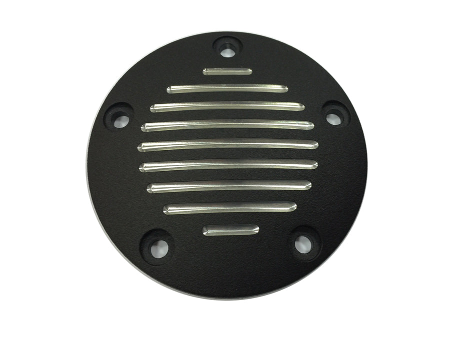 V-TWIN grooved black ignition system cover with five holes, designed for motorcycle electrical components.