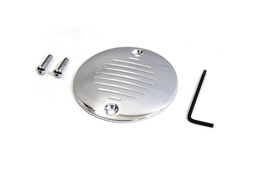 Chrome V-TWIN grooved ignition system cover with 2 holes, designed for motorcycle electrical components.