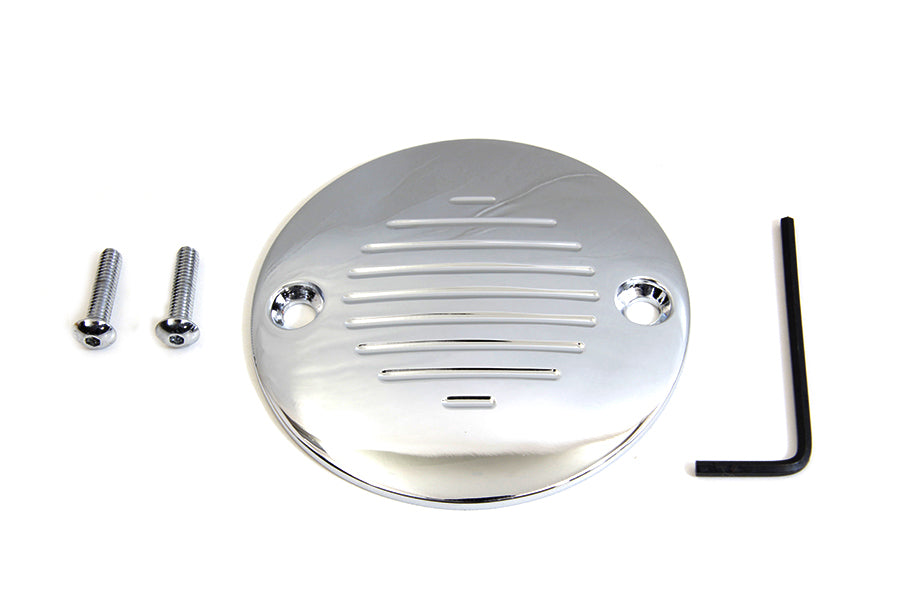 V-TWIN grooved chrome ignition system cover with two holes for motorcycle electrical components.