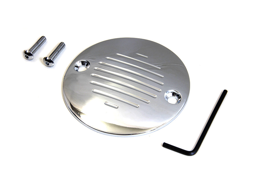 V-TWIN chrome grooved ignition system cover with two holes, designed for electrical motorcycle applications.