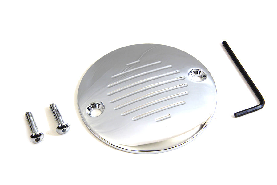V-TWIN grooved chrome ignition system cover with two holes for motorcycle electrical components, designed for V-TWIN brand bikes.