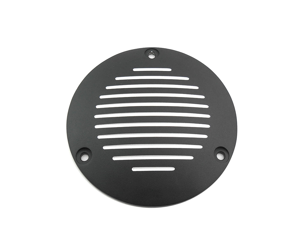 V-TWIN black grooved 3-hole derby cover for drive line, showcasing a sleek, durable motorcycle accessory with detailed grooved design.
