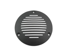 Load image into Gallery viewer, V-TWIN black grooved 3-hole derby cover for drive line, showcasing a sleek, durable motorcycle accessory with detailed grooved design.