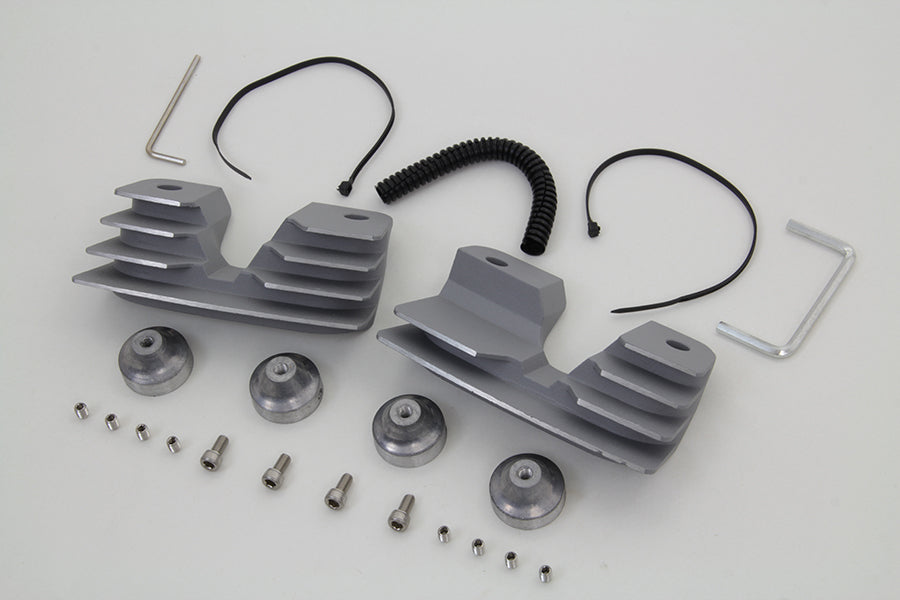 V-Twin silver engine head bolt and spark plug cover kit showing shiny metal components on a motorcycle engine.