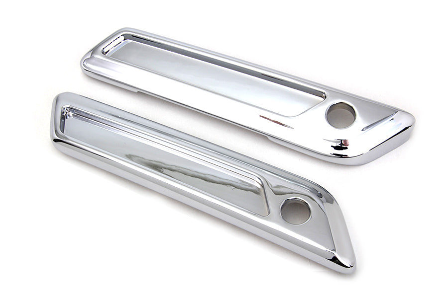 V-TWIN Wyatt Gatling saddlebag face plate set for motorcycle seat and saddlebag, with detailed metal design.