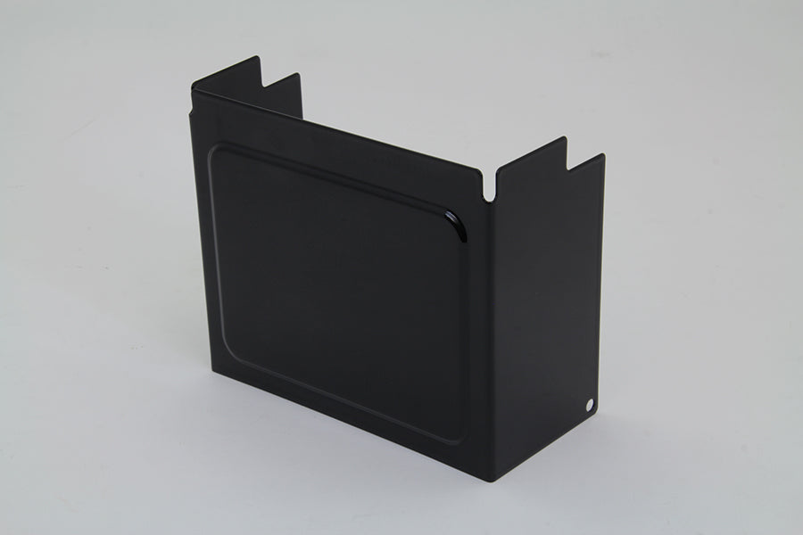 Black embossed V-TWIN battery side cover for motorcycle electrical system, showcasing textured surface and fitting details.