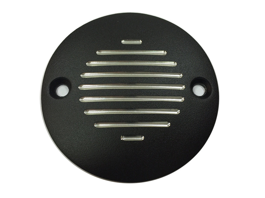V-TWIN grooved black ignition system cover with two holes, designed for electrical motorcycle applications.