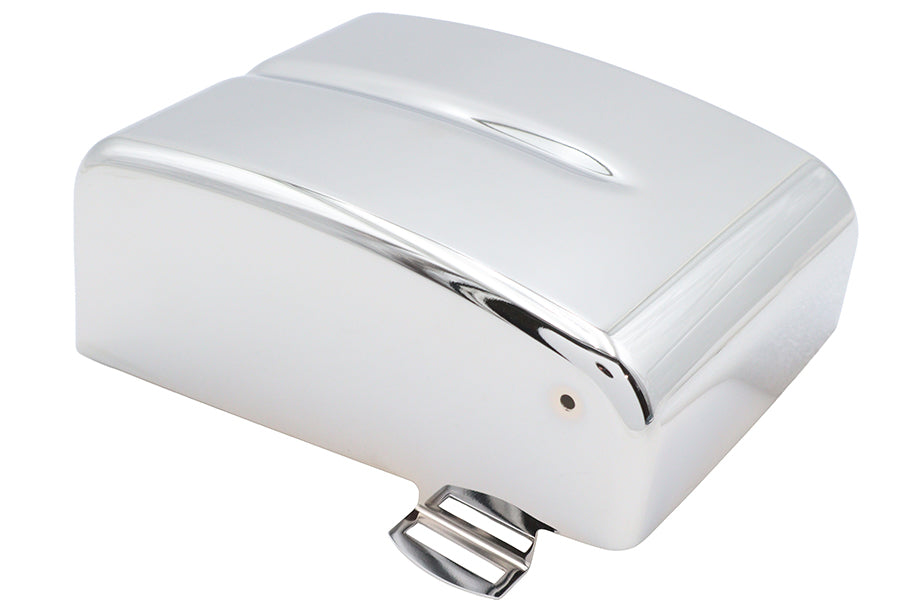 Chrome V-TWIN ignition module cover for electrical system, designed for motorcycle ignition components, with a shiny chrome finish.