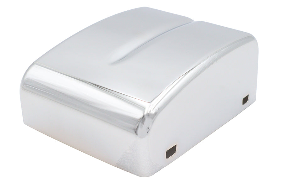 Chrome ignition module cover for V-Twin electrical ignition system, showcasing a shiny, custom motorcycle accessory.