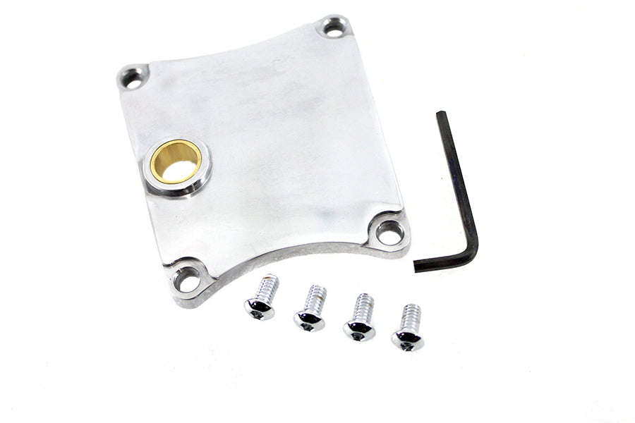 Polished V-Twin drive line inspection cover with a sleek finish, designed for motorcycle V-Twin engine maintenance.