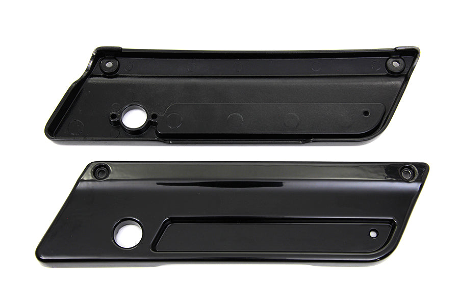 V-Twin Wyatt Gatling saddlebag face plate for seat and saddlebag, featuring detailed metal design on a motorcycle accessory.