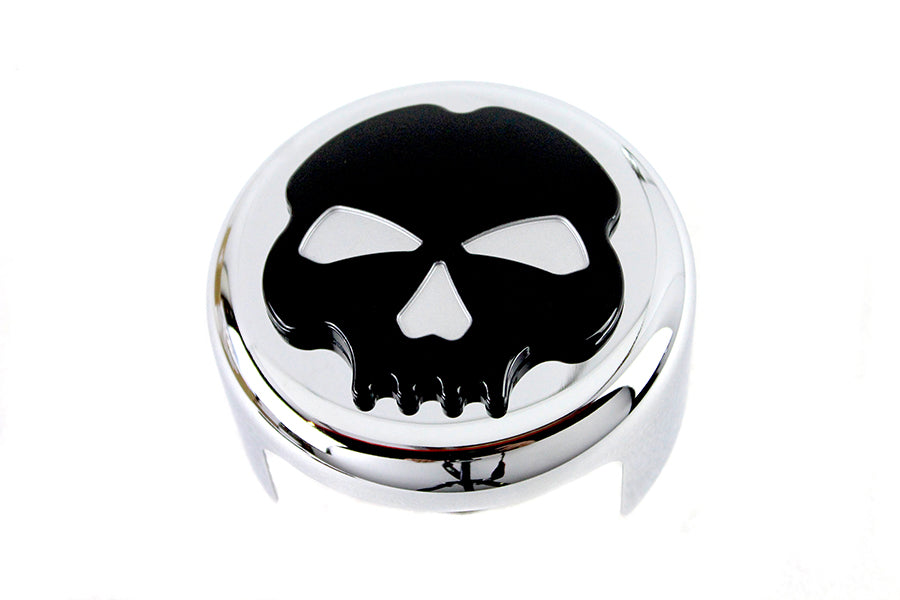 Chrome V-Twin Skull Horn Cover for motorcycle electrical system, featuring a detailed skull design on a shiny chrome finish.
