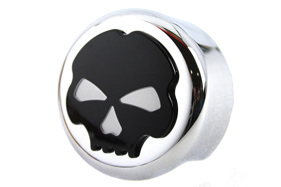 Chrome V-Twin Skull Horn Cover for motorcycle electrical system, featuring a detailed skull design and mounting hardware.