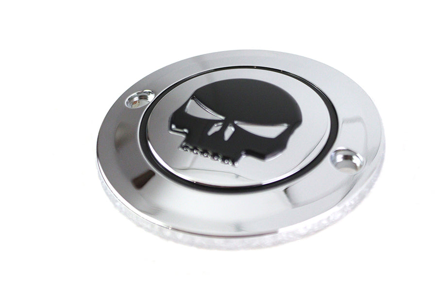 Chrome V-Twin Skull Ignition System Cover with 2-Hole design for electrical components, featuring a detailed skull motif.
