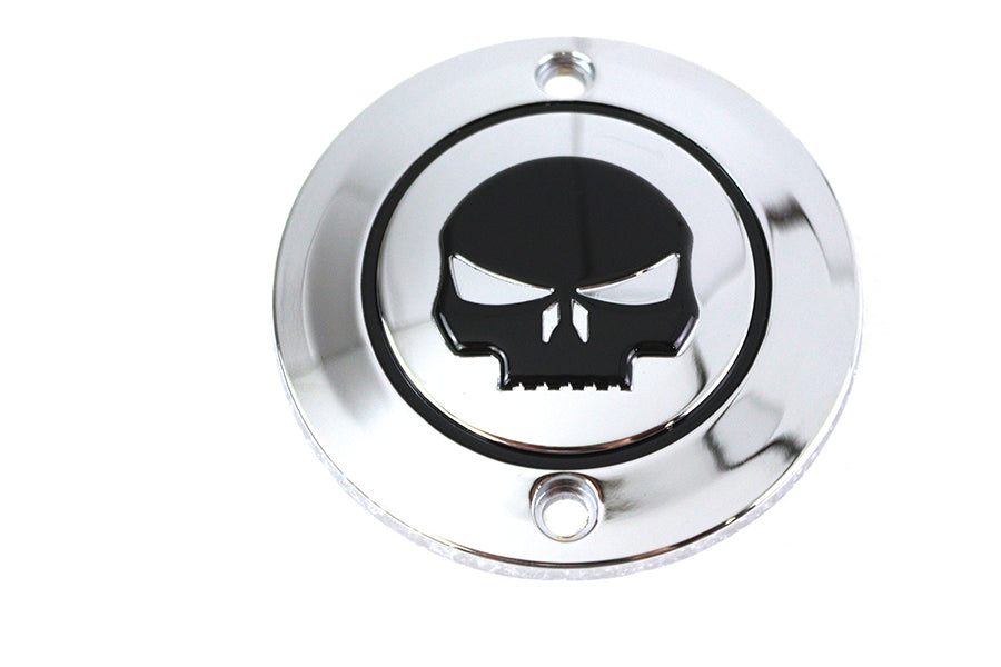 Chrome V-Twin Skull Ignition System Cover with two holes, designed for motorcycle electrical components.