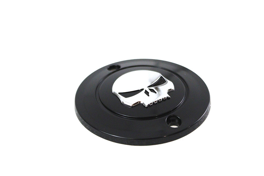 Black V-TWIN Skull Ignition System Cover with 2-hole design, made for motorcycle electrical components.
