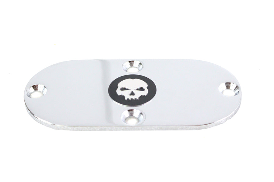 Chrome V-Twin Skull Inspection Cover for drive line, featuring detailed skull design, designed for V-Twin motorcycle models.