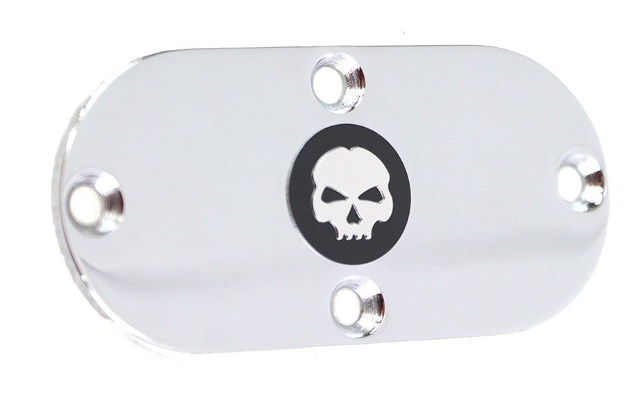 Chrome V-Twin Skull Inspection Cover for drive line, featuring a detailed skull design, designed for V-Twin motorcycle models.