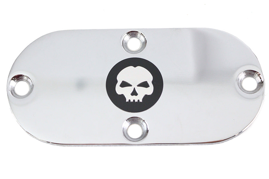 V-Twin Skull Inspection Cover in chrome for drive line, featuring a detailed skull design on a motorcycle part.