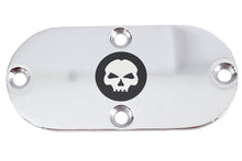 Load image into Gallery viewer, V-Twin Skull Inspection Cover in chrome for drive line, featuring a detailed skull design on a motorcycle part.