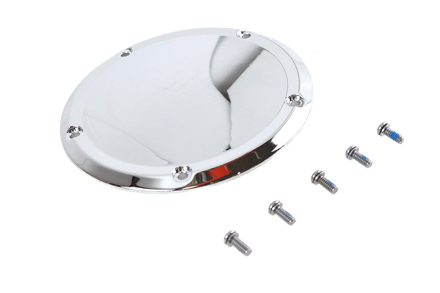 Chrome V-Twin 5-Hole Derby Cover for drive line, with a sleek, reflective finish and five bolt holes, designed for Harley-Davidson motorcycles.