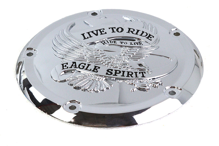 Chrome V-TWIN Eagle Spirit Derby Cover for drive line, featuring detailed eagle design, fits V-TWIN motorcycle models.
