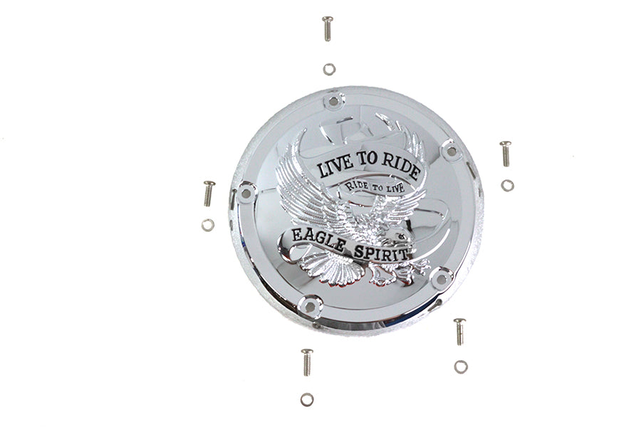 Chrome V-TWIN Eagle Spirit derby cover for drive line, featuring detailed eagle design, designed for Harley-Davidson motorcycle drives.