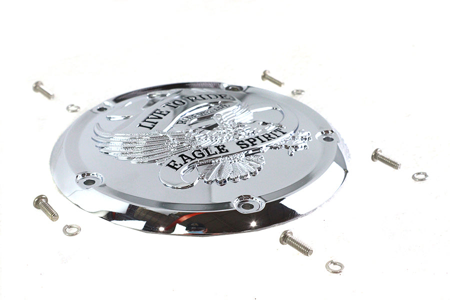 Chrome V-TWIN Eagle Spirit derby cover for drive line, featuring detailed eagle design, fits V-TWIN motorcycle models.