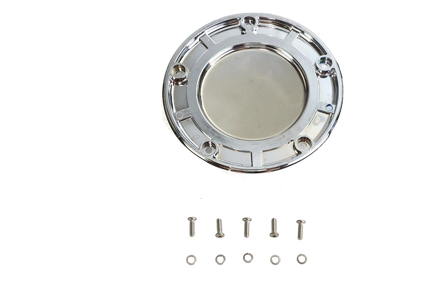 V-Twin drive line 5-hole derby cover with gold inlay, showcasing detailed design on a black background.