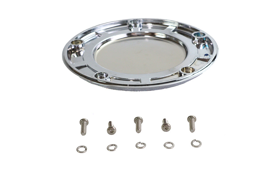V-Twin 5-hole derby cover with gold inlay for drive line motorcycle, showcasing detailed design and polished finish.