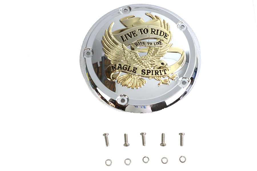 V-Twin 5-hole derby cover with gold inlay for drive line motorcycle, showcasing detailed design and polished finish.
