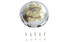 Load image into Gallery viewer, V-Twin 5-hole derby cover with gold inlay for drive line motorcycle, showcasing detailed design and polished finish.