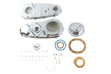 Load image into Gallery viewer, V-TWIN chrome primary cover kit for drive line, showcasing a shiny, polished metal finish on a motorcycle component.